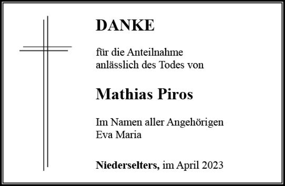  Traueranzeige für Mathias Piros vom 20.04.2023 aus Camberger Anzeiger