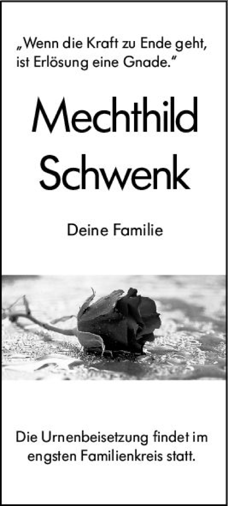 Traueranzeige von Mechthild Schwenk von Wiesbadener Kurier