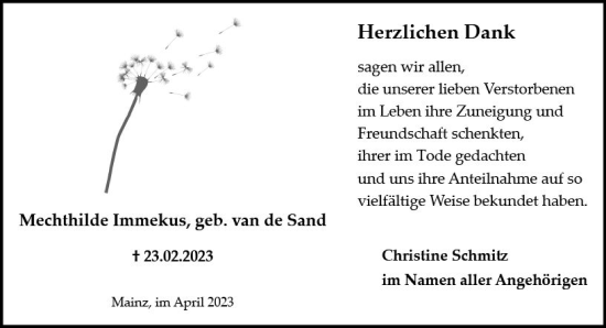Traueranzeige von Mechthilde Immekus von Allgemeine Zeitung Mainz