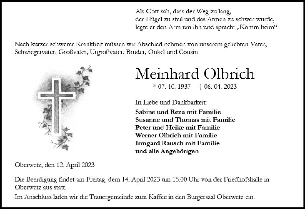  Traueranzeige für Meinhard Olbrich vom 12.04.2023 aus Wetzlarer Neue Zeitung