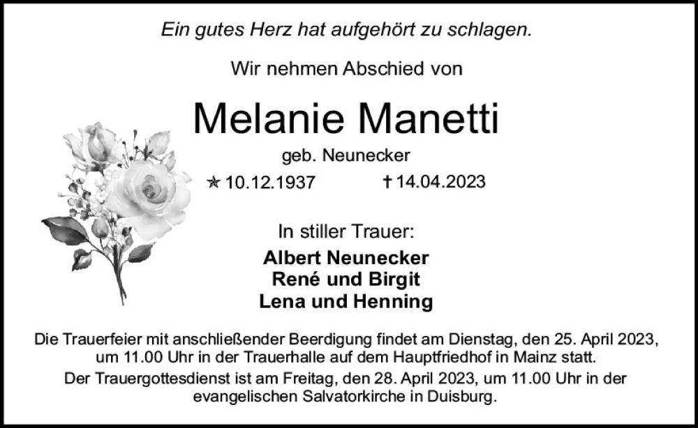  Traueranzeige für Melanie Manetti vom 22.04.2023 aus Allgemeine Zeitung Mainz