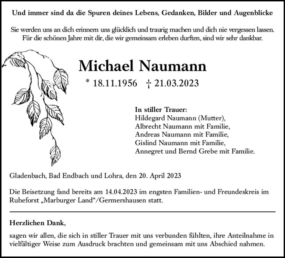  Traueranzeige für Michael Naumann vom 20.04.2023 aus Hinterländer Anzeiger