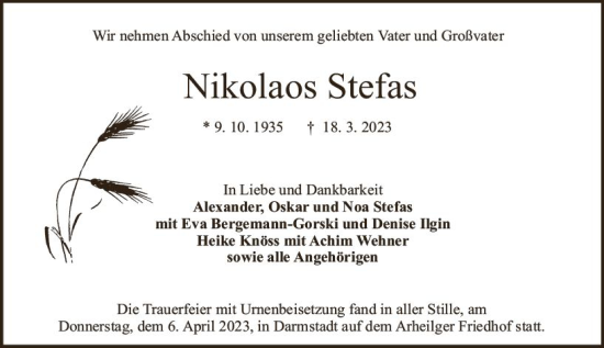 Traueranzeige von Nikolaos Stefas von Darmstädter Echo
