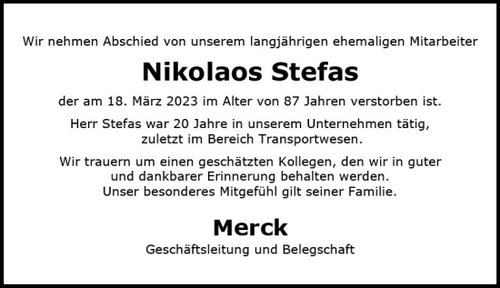 Traueranzeige von Nikolaos Stefas von Darmstädter Echo
