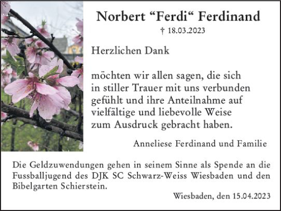Traueranzeige von Norbert Ferdinand von Wiesbadener Kurier