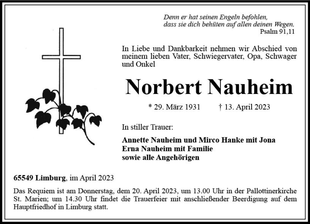  Traueranzeige für Norbert Nauheim vom 15.04.2023 aus Nassauische Neue Presse
