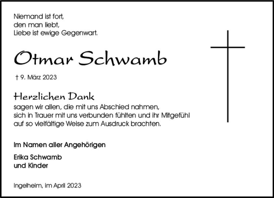 Traueranzeige von Otmar Schwamb von Allgemeine Zeitung Bingen/Ingelheim