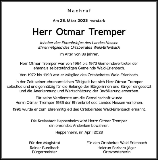 Traueranzeige von Otmar Tremper von Darmstädter Echo