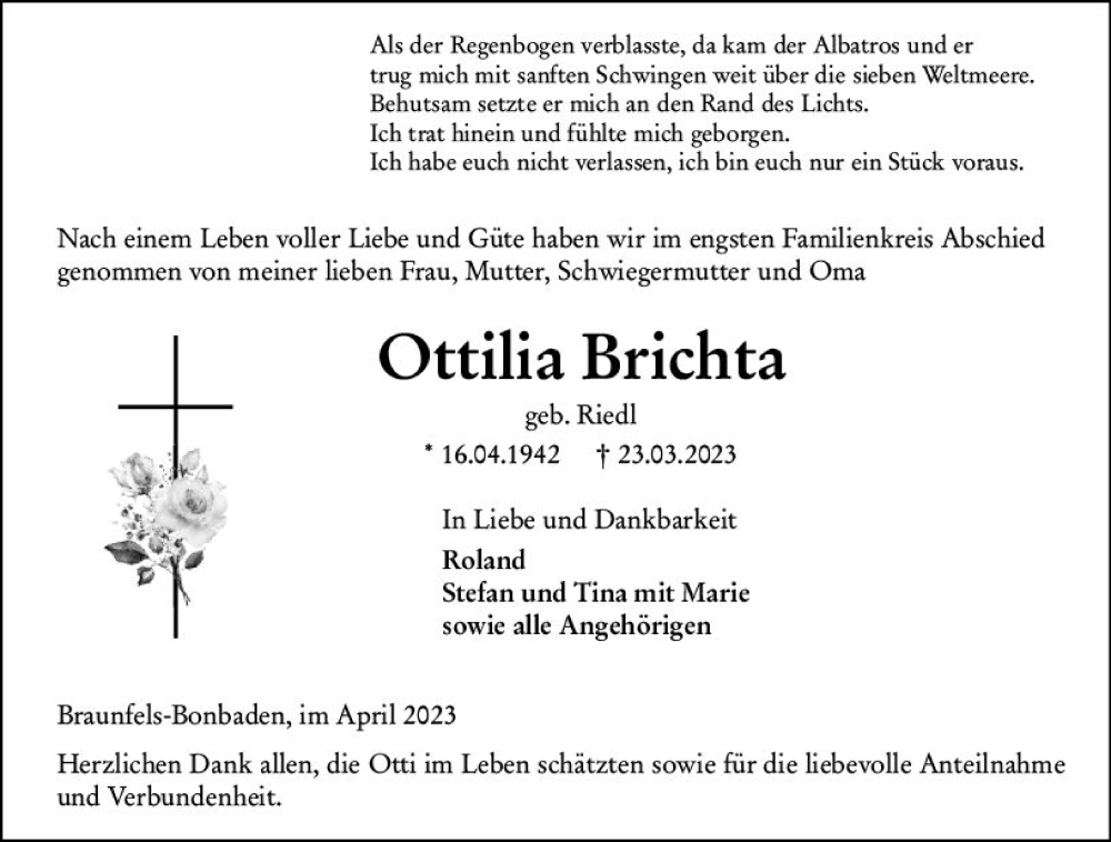  Traueranzeige für Ottilia Brichta vom 06.04.2023 aus Wetzlarer Neue Zeitung