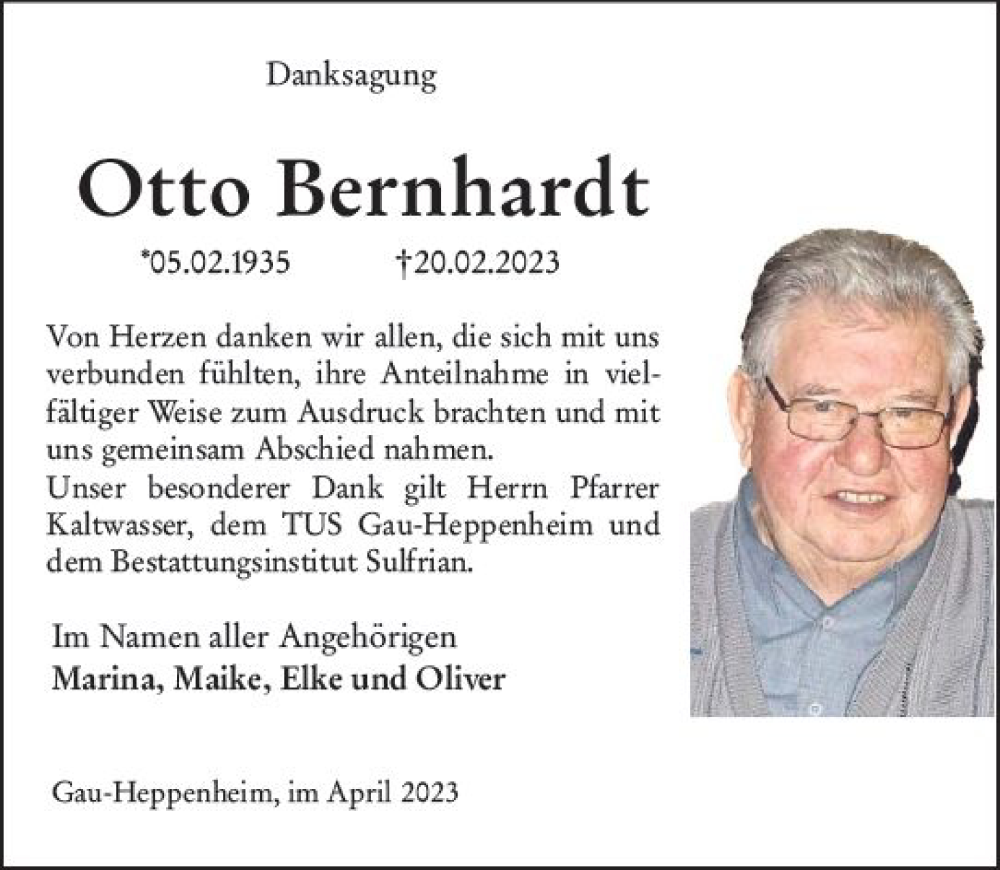  Traueranzeige für Otto Bernhardt vom 08.04.2023 aus Allgemeine Zeitung Alzey