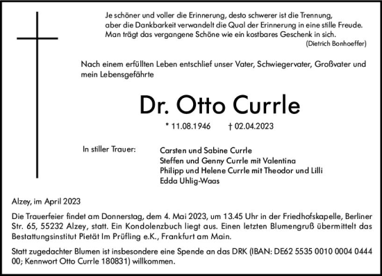 Traueranzeige von Otto Currle von Allgemeine Zeitung Alzey