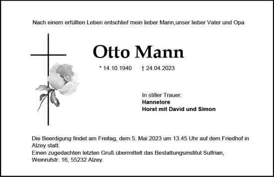 Traueranzeige von Otto Mann von Allgemeine Zeitung Alzey