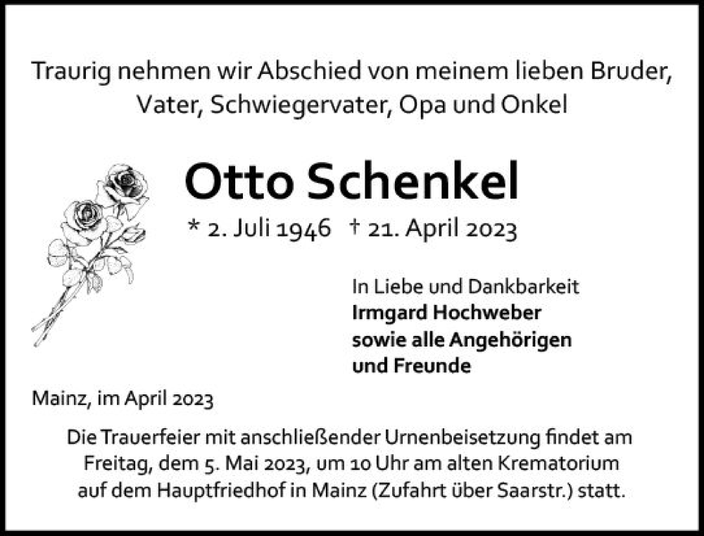  Traueranzeige für Otto Schenkel vom 29.04.2023 aus Allgemeine Zeitung Mainz