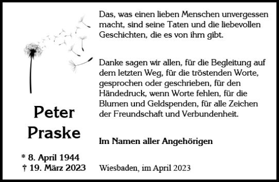Traueranzeige von Peter Praske von Wiesbadener Kurier