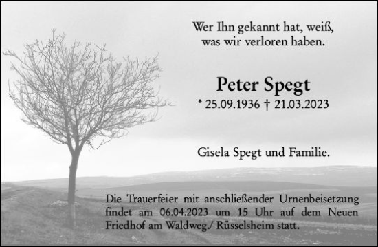 Traueranzeige von Peter Spegt von Rüsselsheimer Echo