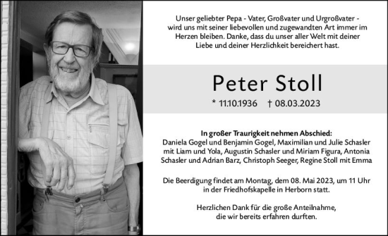 Traueranzeige von Peter Stoll von Dill Block