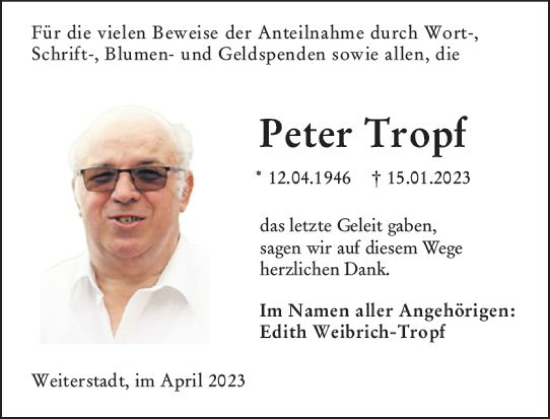 Traueranzeige von Peter Tropf von Darmstädter Echo