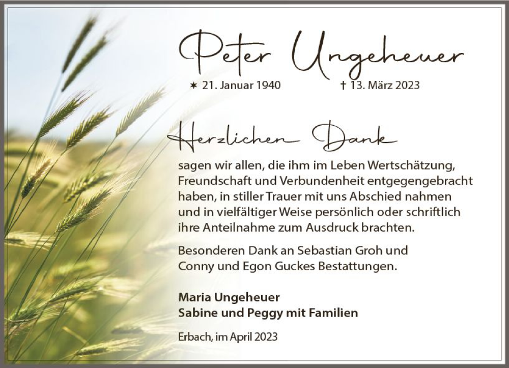  Traueranzeige für Peter Ungeheuer vom 20.04.2023 aus Camberger Anzeiger