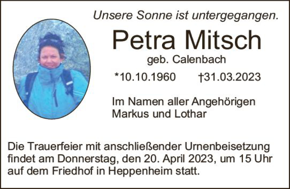  Traueranzeige für Petra Mitsch vom 19.04.2023 aus Starkenburger Echo