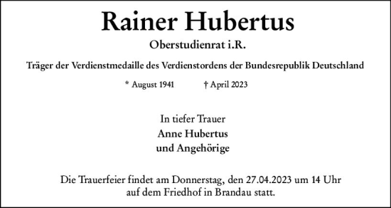 Traueranzeige von Rainer Hubertus von Darmstädter Echo