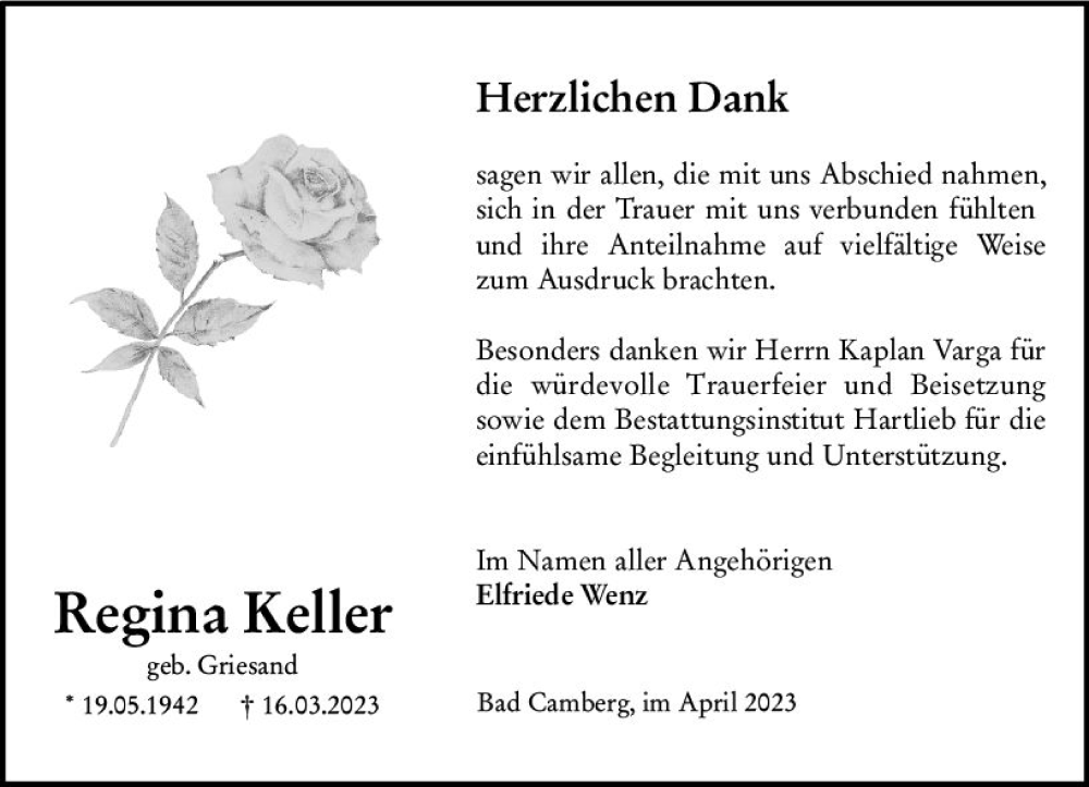  Traueranzeige für Regina Keller vom 27.04.2023 aus Camberger Anzeiger
