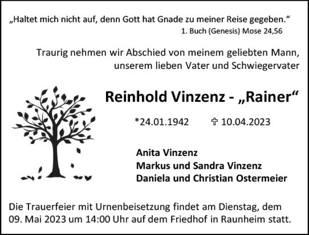  Traueranzeige für Reinhold Vinzenz vom 29.04.2023 aus Rüsselsheimer Echo