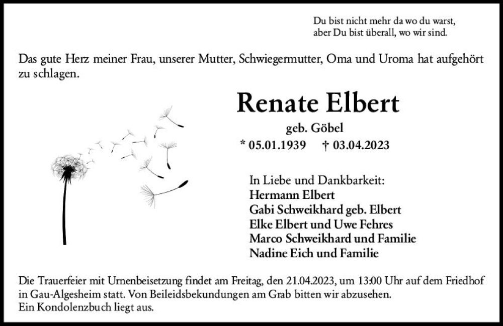  Traueranzeige für Renate Elbert vom 15.04.2023 aus Allgemeine Zeitung Bingen/Ingelheim