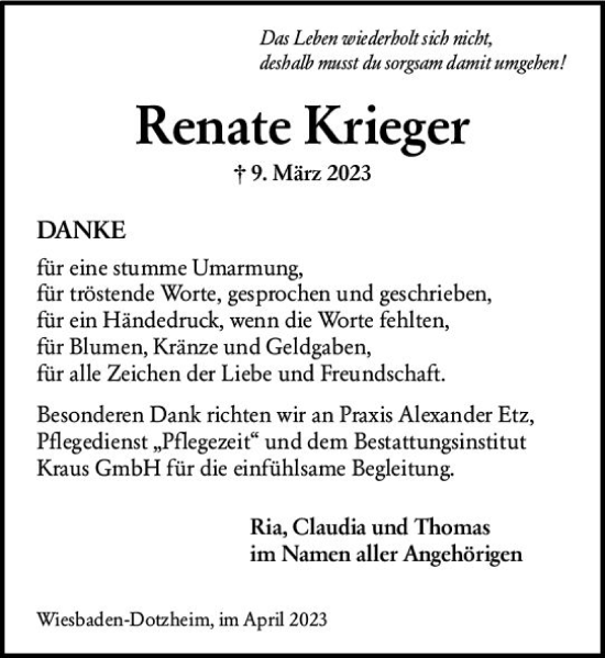 Traueranzeige von Renate Krieger von Wiesbadener Kurier