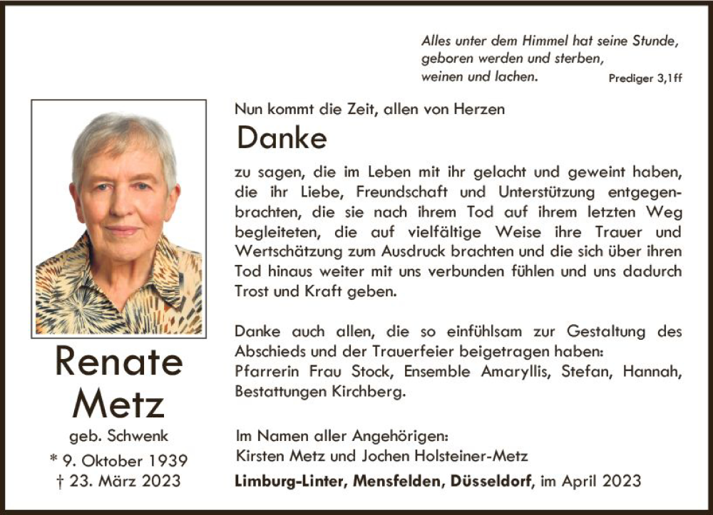  Traueranzeige für Renate Metz vom 29.04.2023 aus Nassauische Neue Presse