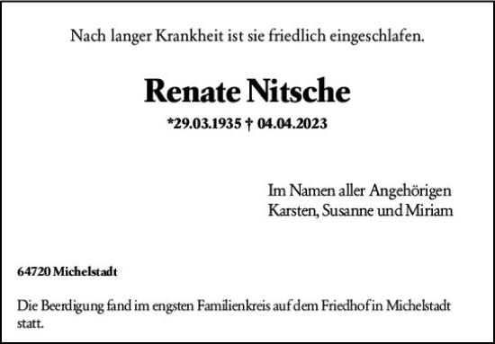 Traueranzeige von Renate Nitsche von Odenwälder Echo