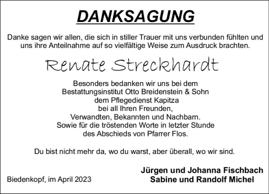Traueranzeige von Renate Streckhardt von Hinterländer Anzeiger