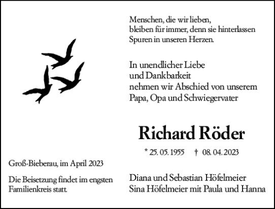 Traueranzeige von Richard Röder von Darmstädter Echo