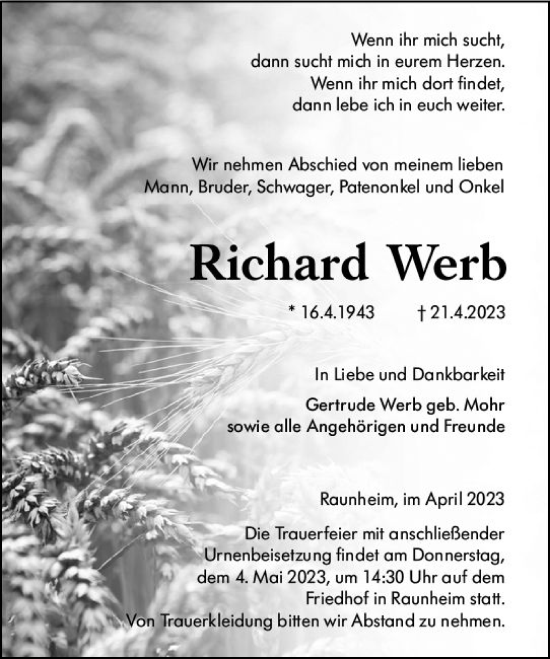 Traueranzeige von Richard Werb von Rüsselsheimer Echo