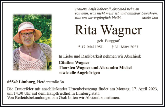 Traueranzeige von Rita Wagner von Nassauische Neue Presse
