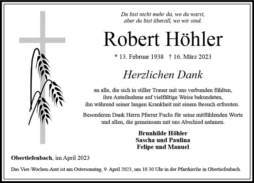  Traueranzeige für Robert Höhler vom 08.04.2023 aus Nassauische Neue Presse