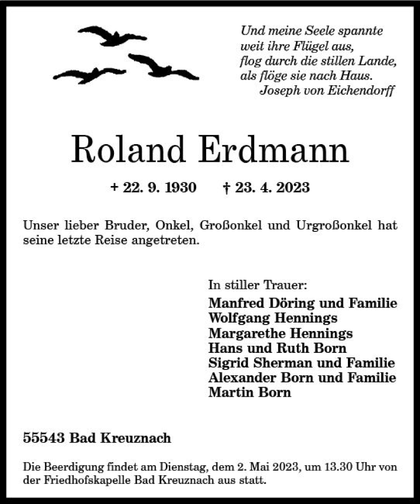  Traueranzeige für Roland Erdmann vom 29.04.2023 aus Allgemeine Zeitung Bad Kreuznach