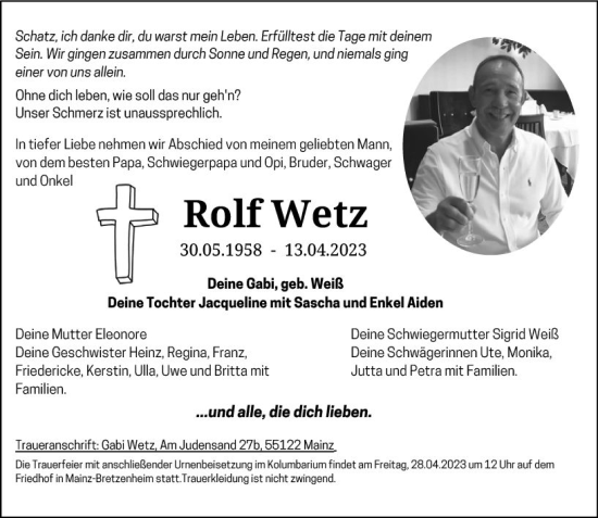 Traueranzeige von Rolf Wetz von Allgemeine Zeitung Mainz