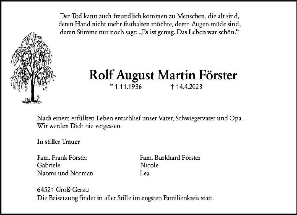  Traueranzeige für Rolf August Martin Förster vom 29.04.2023 aus Groß-Gerauer Echo