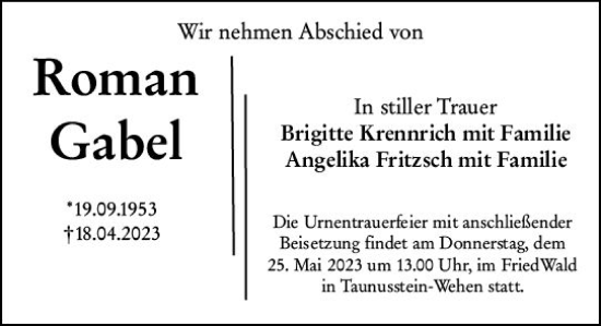 Traueranzeige von Roman Gabel von Wiesbadener Kurier