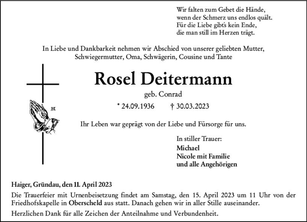  Traueranzeige für Rosel Deitermann vom 11.04.2023 aus Dill Block