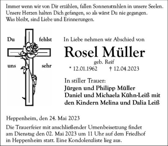Traueranzeige von Rosel Müller von Starkenburger Echo