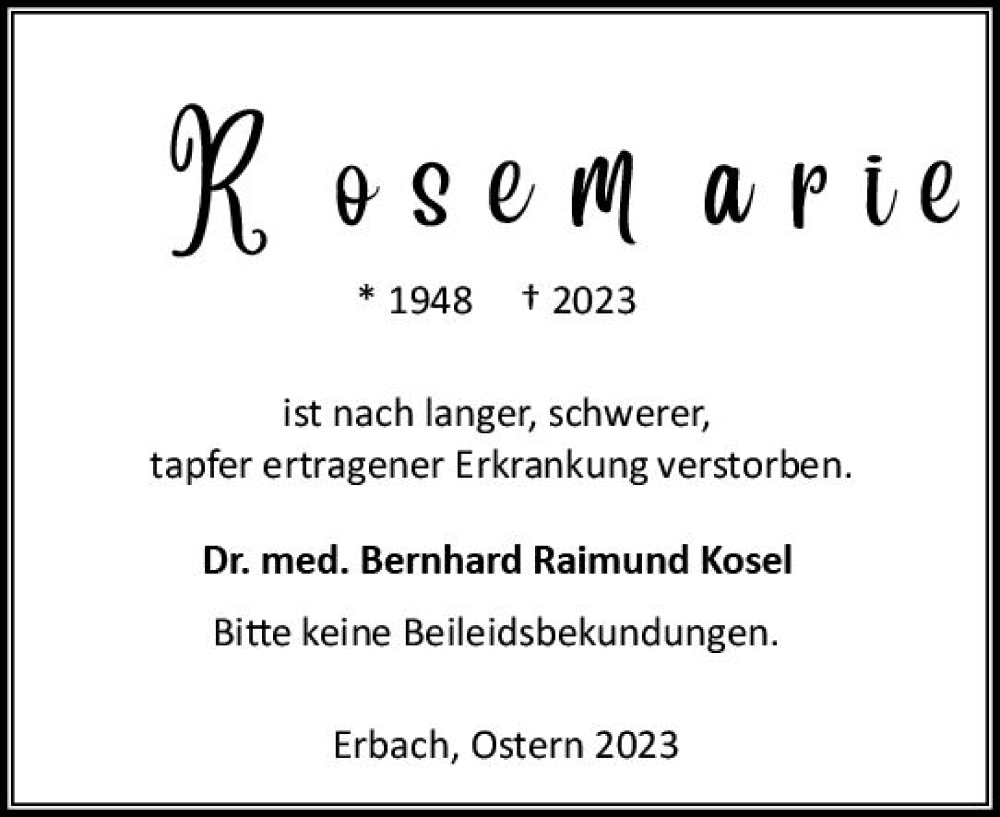 Traueranzeige für Rosemarie  vom 15.04.2023 aus Odenwälder Echo