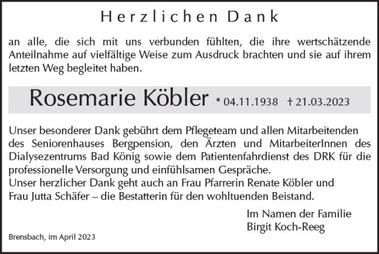 Traueranzeige von Rosemarie Köbler von Odenwälder Echo