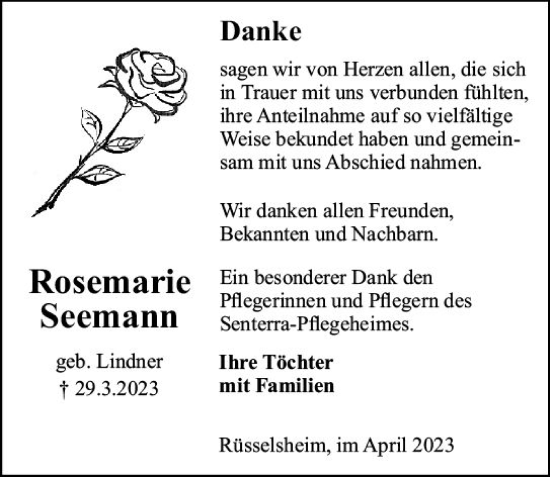 Traueranzeige von Rosemarie Seemann von Rüsselsheimer Echo