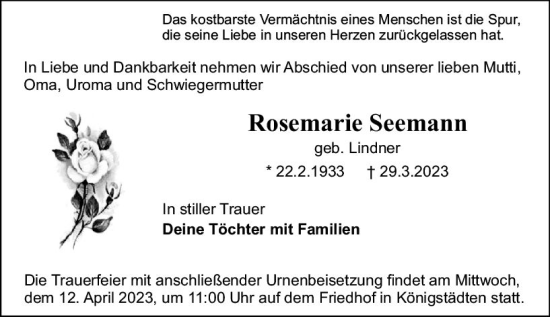 Traueranzeige von Rosemarie Seemann von Rüsselsheimer Echo