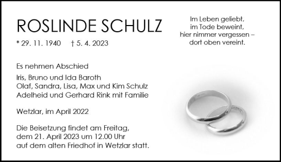 Traueranzeige von Roslinde Schulz von Wetzlarer Neue Zeitung