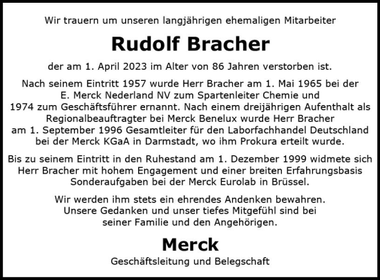 Traueranzeige von Rudolf Bracher von Darmstädter Echo