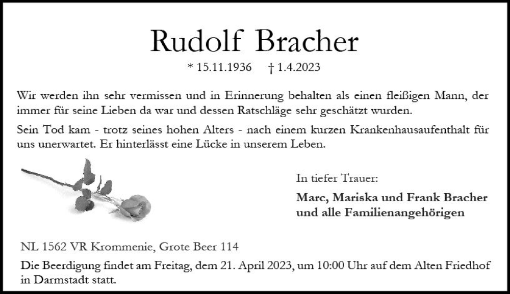  Traueranzeige für Rudolf Bracher vom 15.04.2023 aus Darmstädter Echo