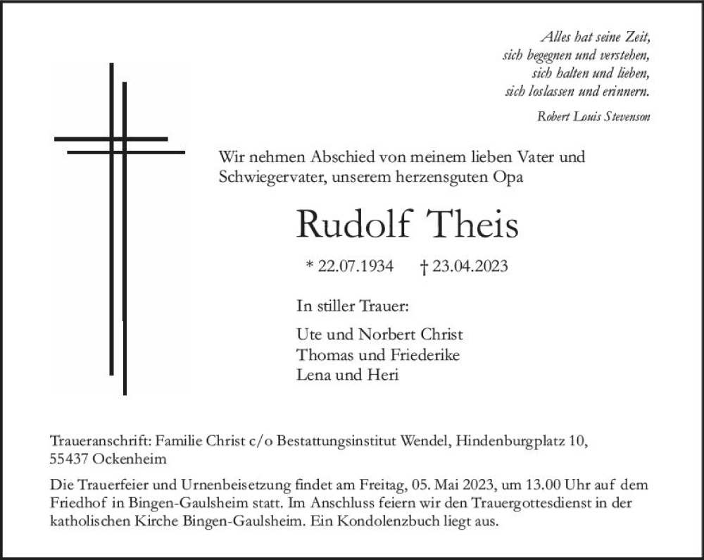  Traueranzeige für Rudolf Theis vom 29.04.2023 aus Allgemeine Zeitung Bingen/Ingelheim