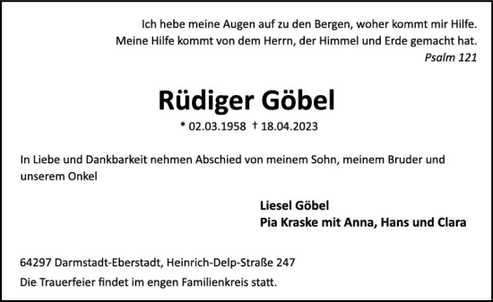 Traueranzeige von Rüdiger Göbel von Darmstädter Echo